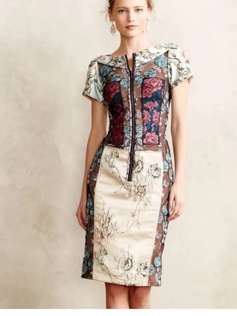 Byron Lars Floral Embroidered Sheath Dress in Ivory, Burgundy & Blue